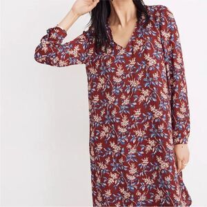 Madewell Button Back Dress In Antique Floral size L Burgundy Blue Long Sleeve